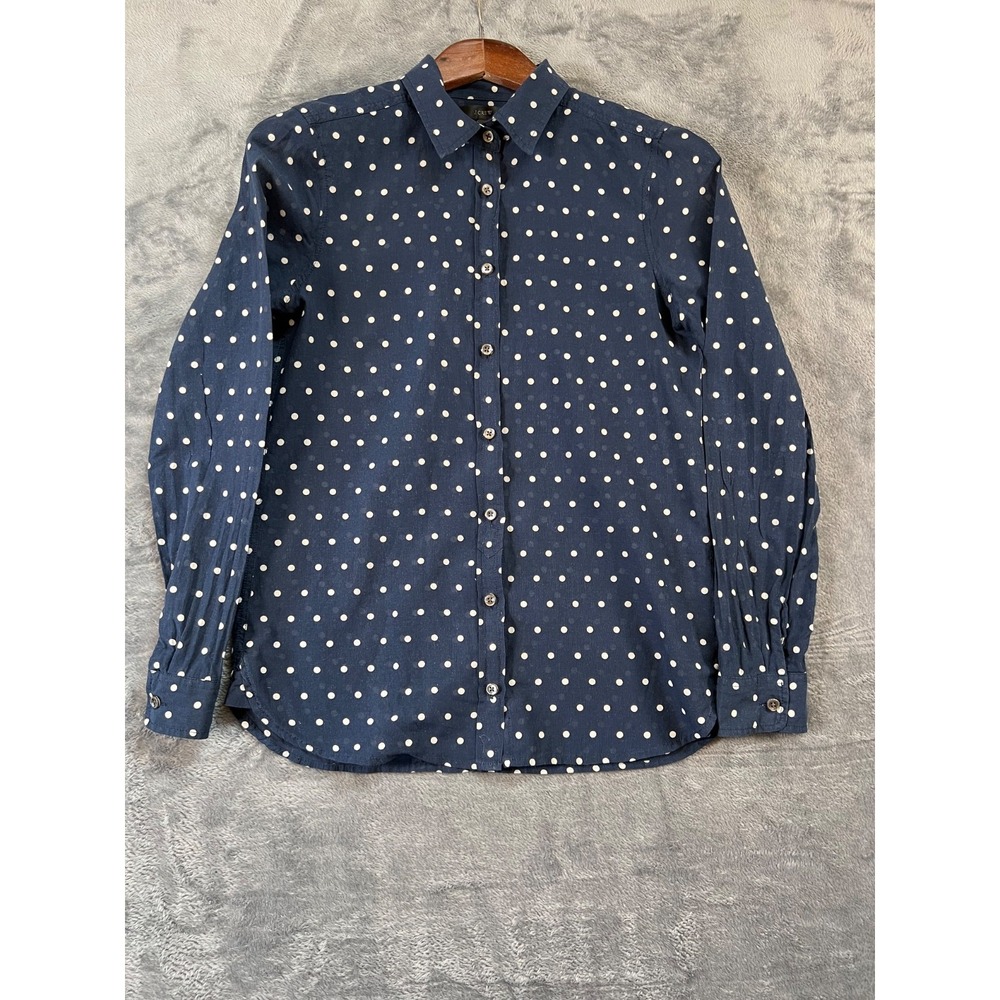 J Crew Blouse Shirt Womens Size XS Navy White Semi Sheer  Polka Dot Preppy LS